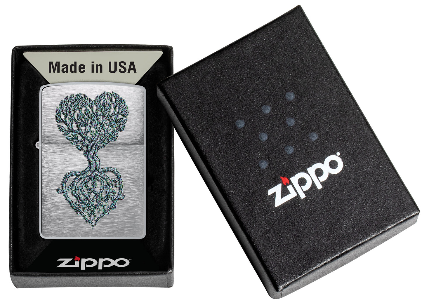 Zippo Rooted in Love Design Brushed Chrome Windproof Lighter in its packaging.