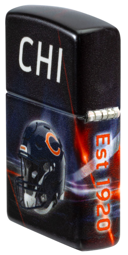 Angled shot of Zippo NFL Chicago Bears 540 Matte Windproof Lighter showing the back and hinge sides of the lighter.