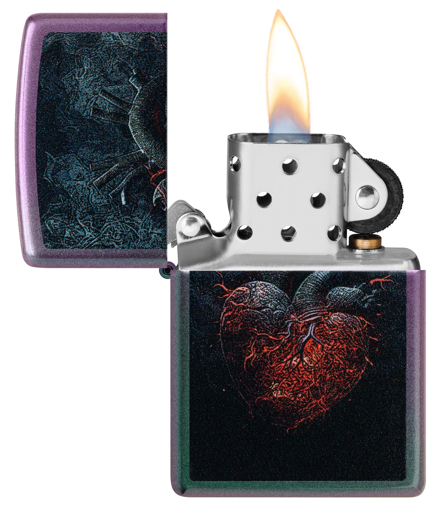 Zippo Dark Heart Design Iridescent Windproof Lighter with its lid open and lit.