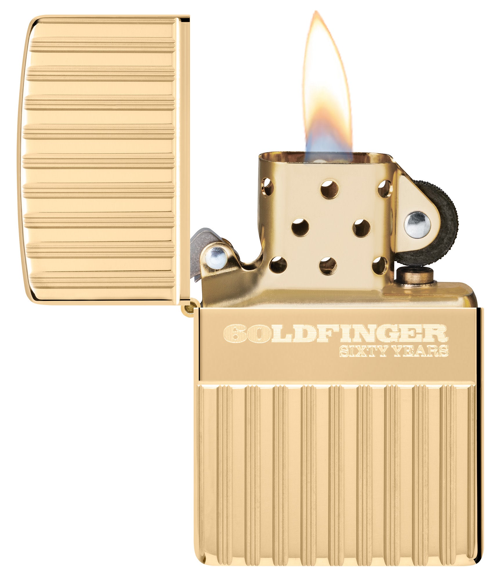 Zippo James Bond™ 007 Goldfinger 60th Armor® High Polish Brass Windproof Lighter with its lid open and lit.