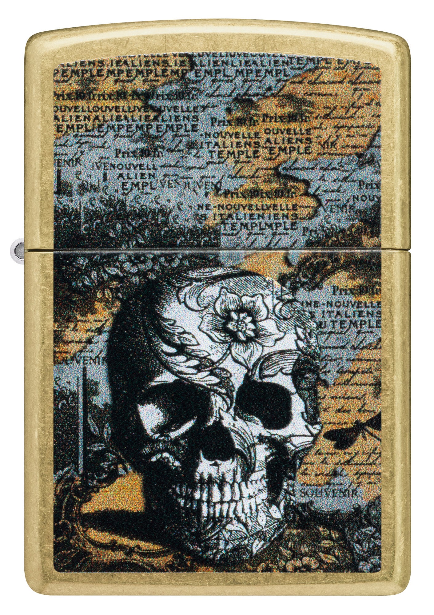 Front view of Zippo Floral Skull Design Street Brass Windproof Lighter.