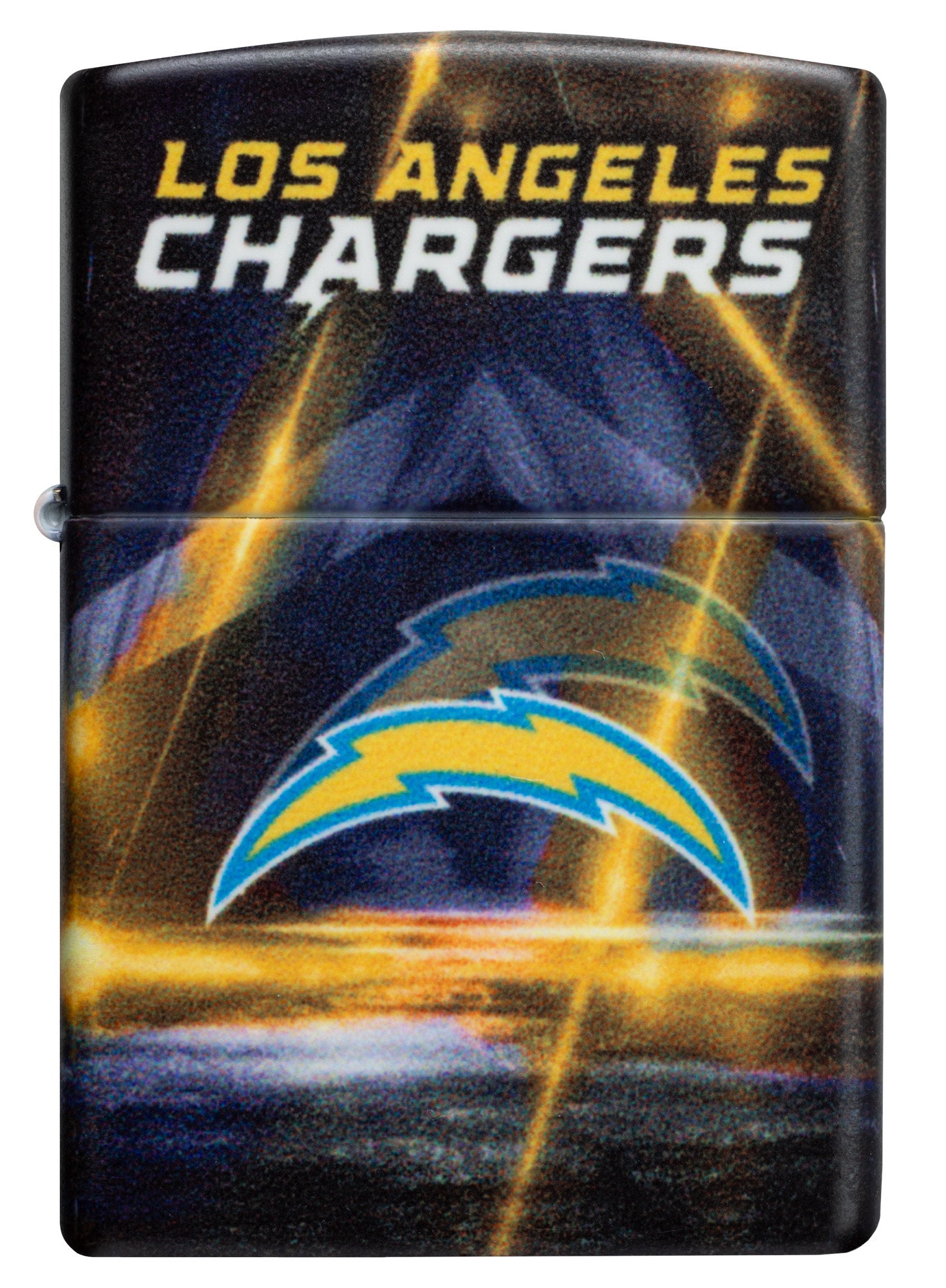 Front view of Zippo NFL Los Angeles Chargers 540 Matte Windproof Lighter.