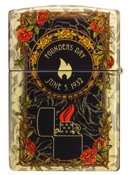 Back view of Zippo 2025 Founder's Day Collectible 540 Tumbled Brass Windproof Lighter.
