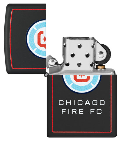 Zippo Chicago Fire FC Windproof Lighter with its lid open and unlit.