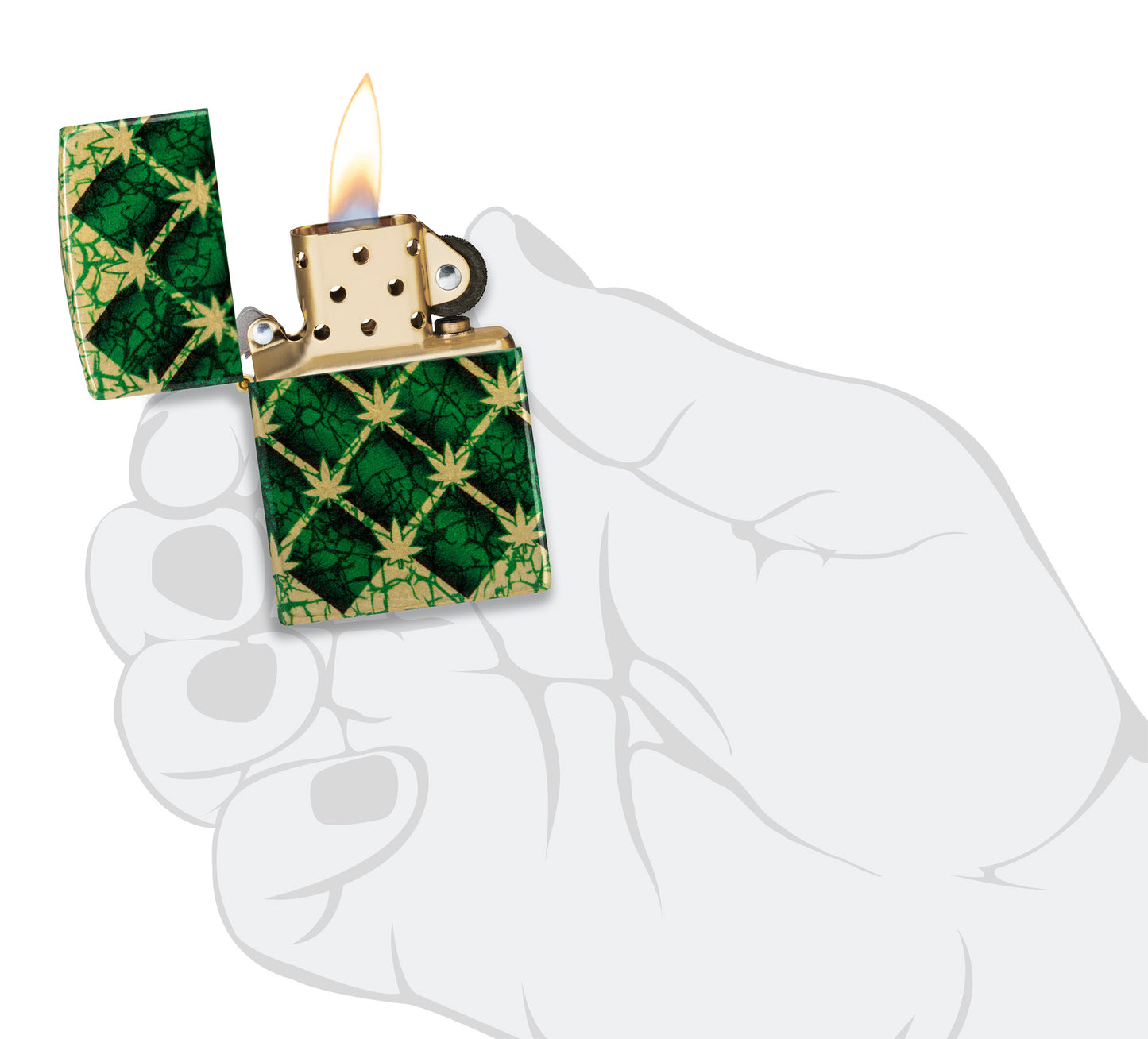 Zippo Argyle Leaf Design 540 Tumbled Brass Windproof Lighter lit in hand.