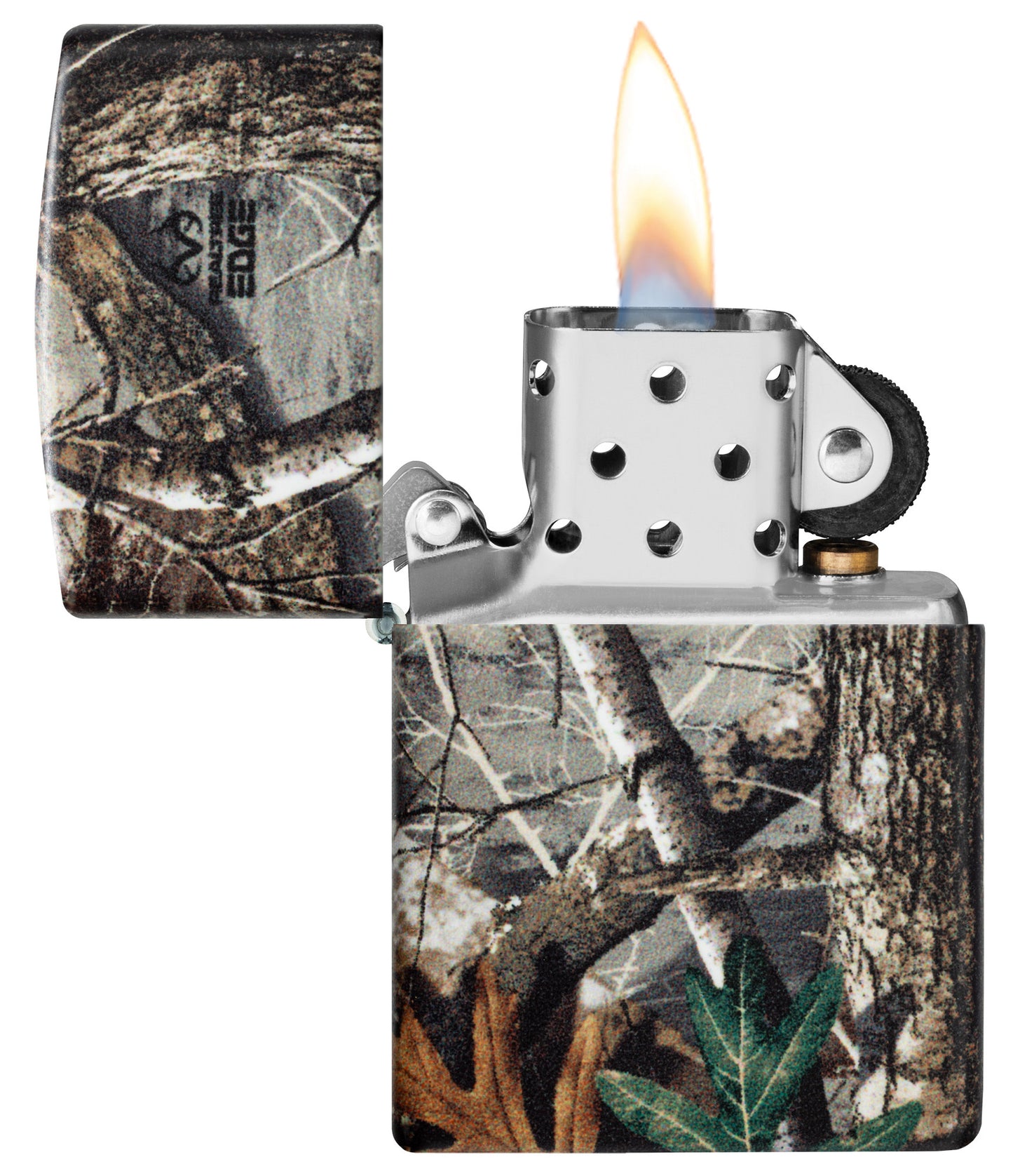 Zippo Realtree® EDGE™ Camo Design 540 Matte Windproof Lighter with its lid open and lit.