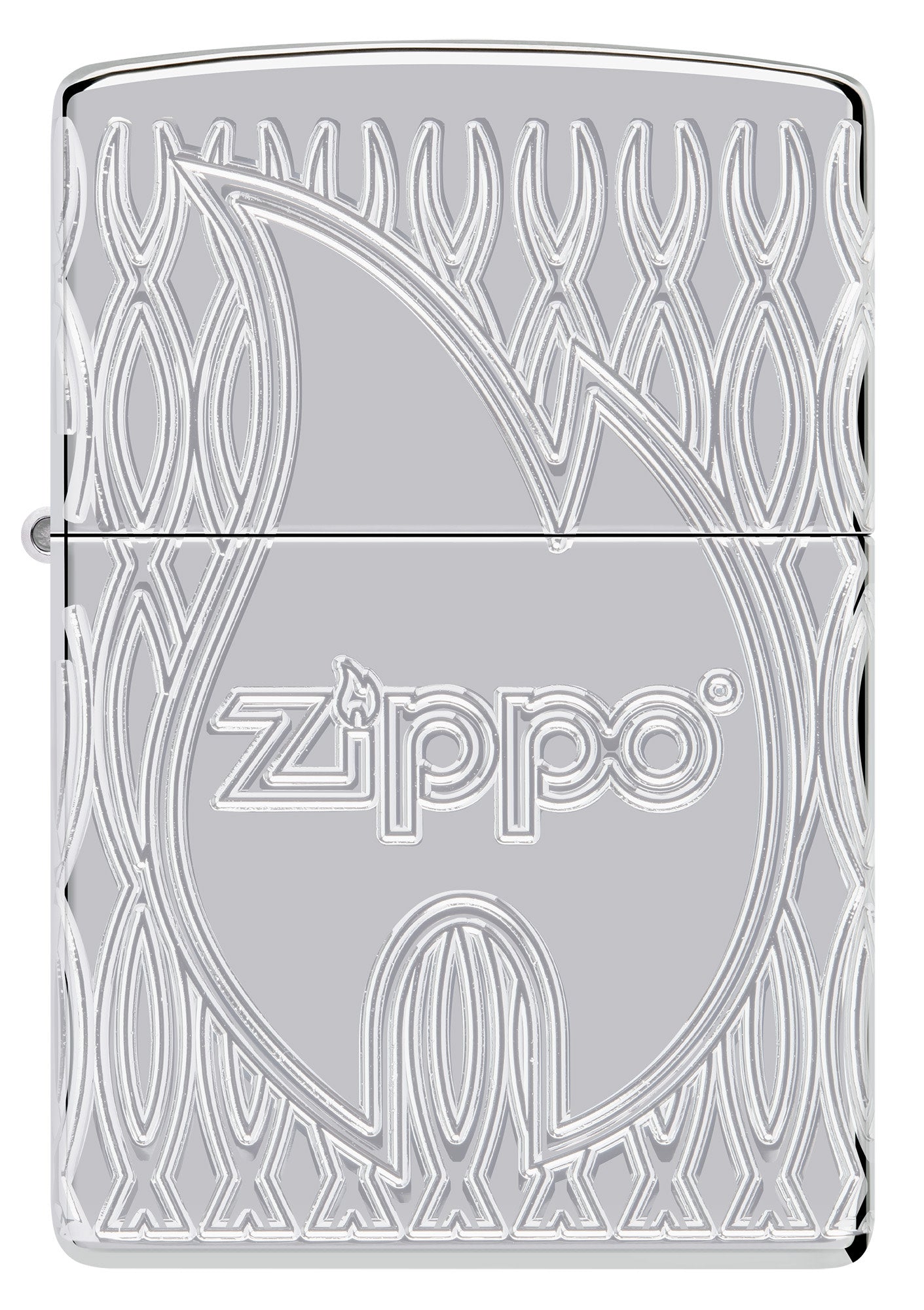 Front view of Zippo Flame Design Armor High Polish Chrome Windproof Lighter.