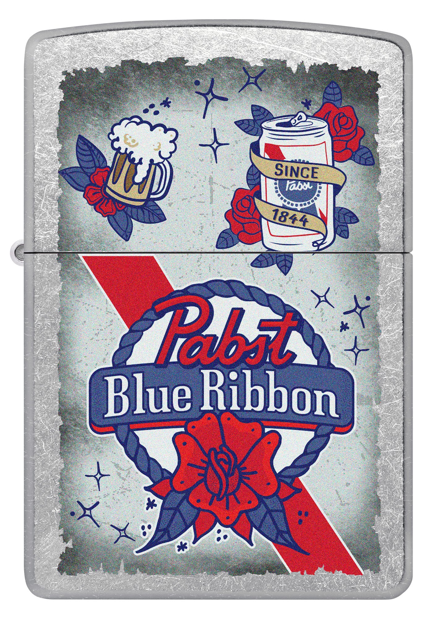 Front view of Pabst Blue Ribbon® Artwork Design Street Chrome Windproof Lighter.

