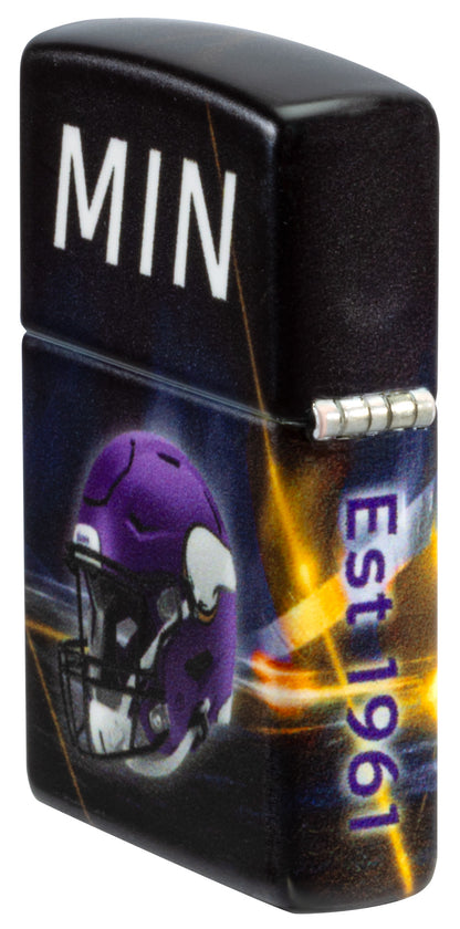 Angled shot of Zippo NFL Minnesota Vikings 540 Matte Windproof Lighter showing the back and hinge sides of the lighter.