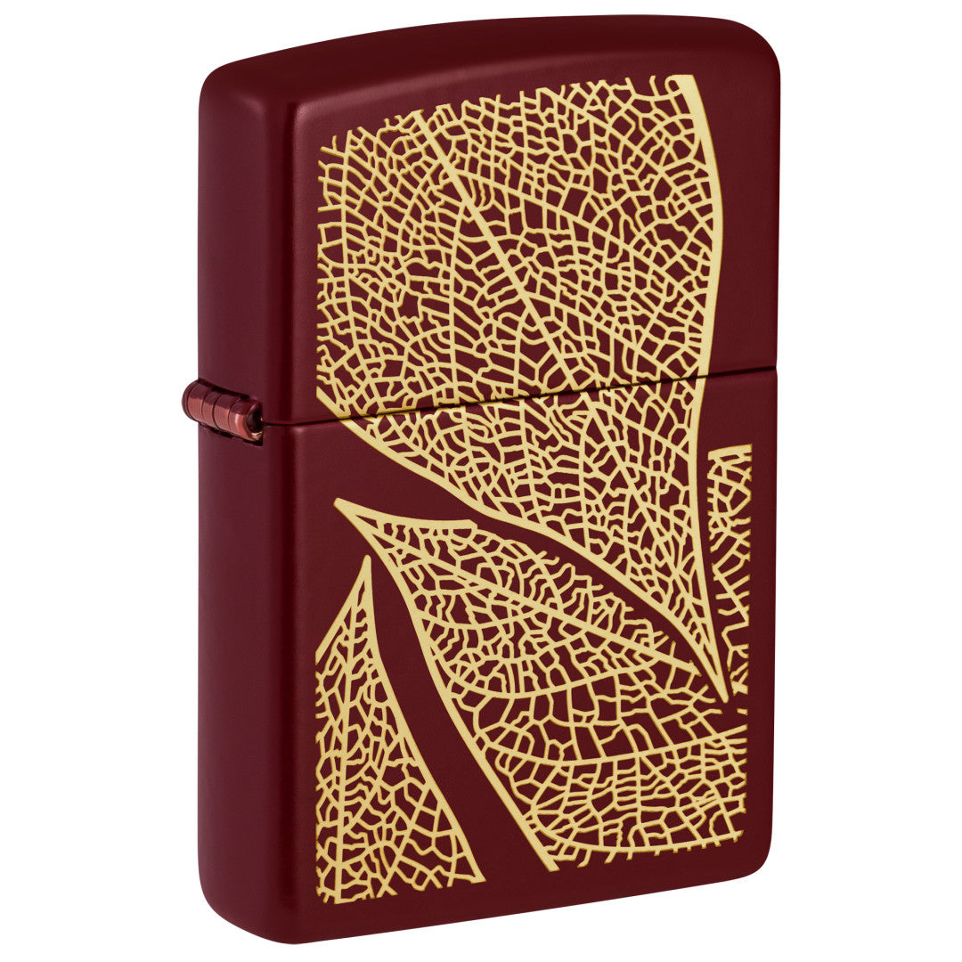 Front View of Zippo Fall Leaves SMS Merlot Windproof Pocket Lighter standing at a 3/4 angle.