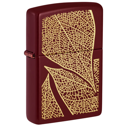 Front View of Zippo Fall Leaves SMS Merlot Windproof Pocket Lighter standing at a 3/4 angle.