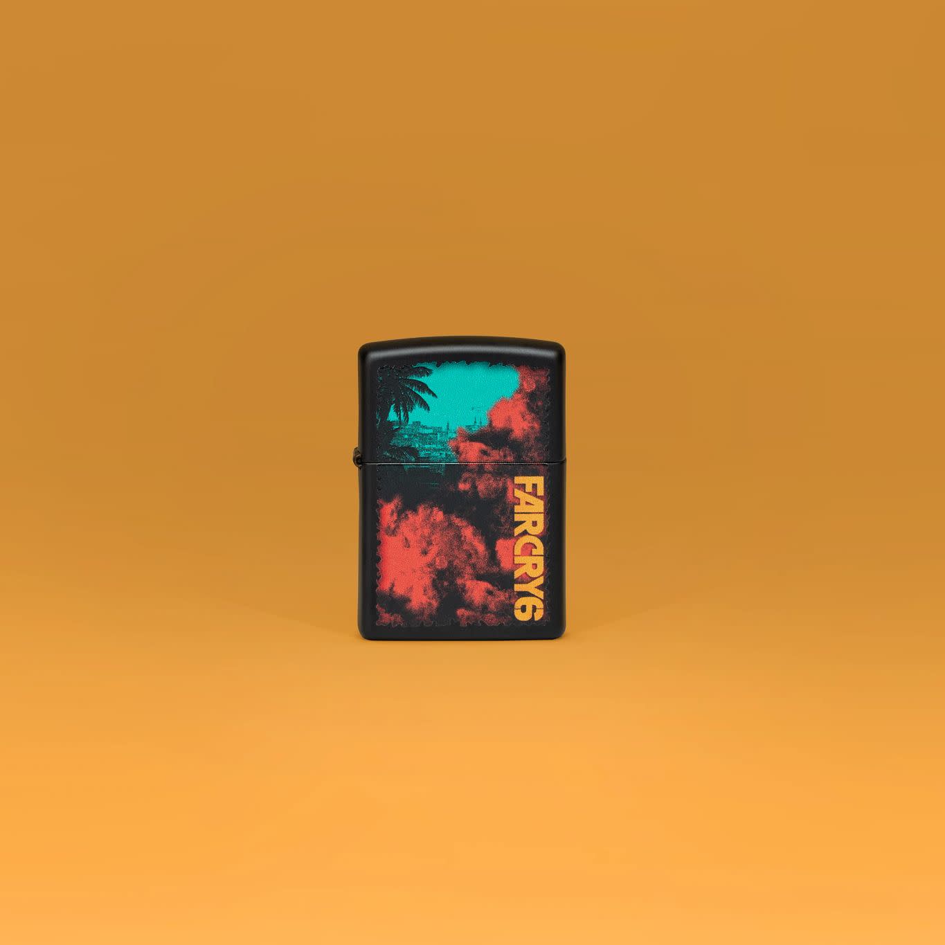 Lifestyle image of Zippo Far Cry Design Black Matte Windproof Lighter standing in an orange scene.