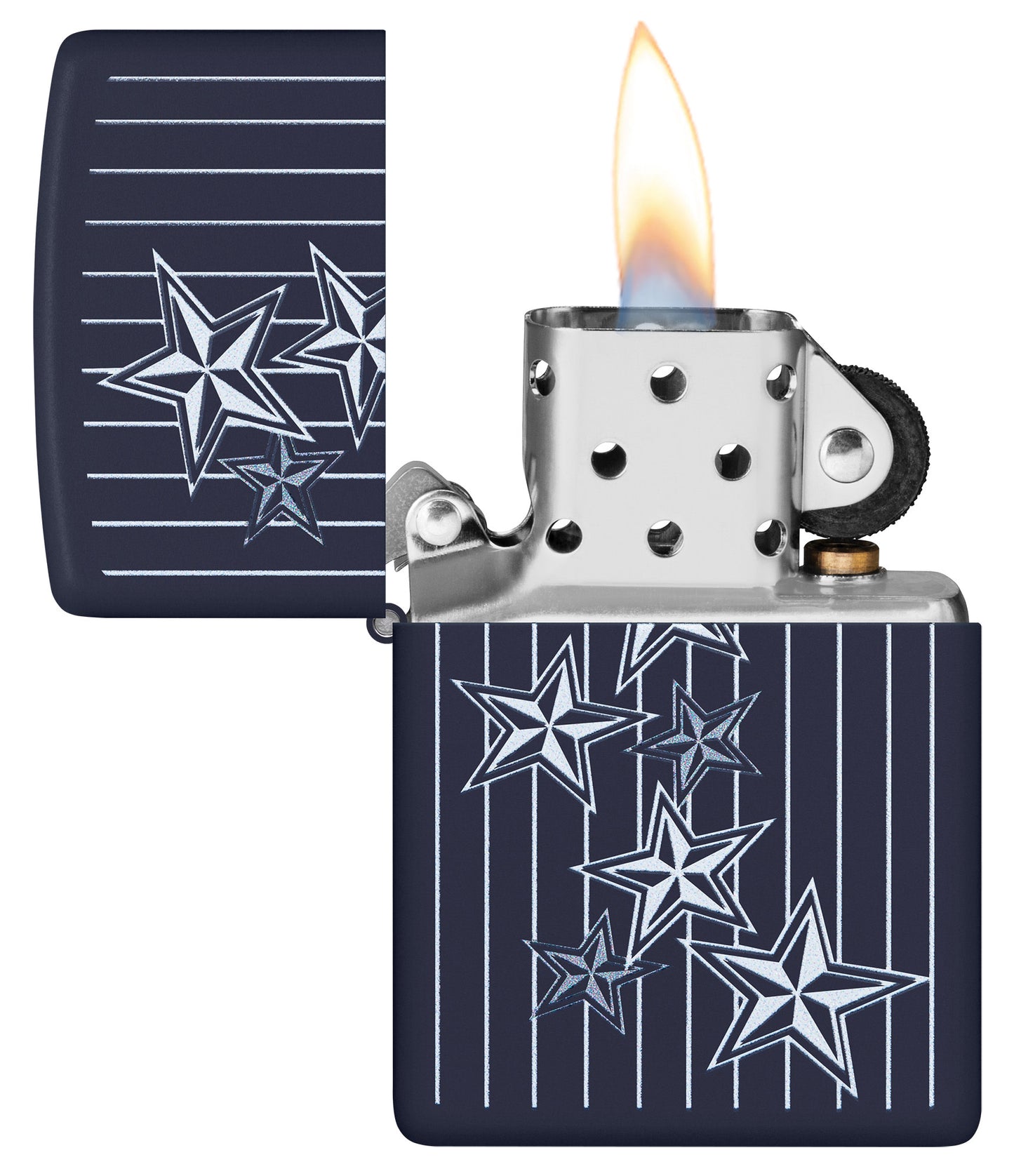 Americana Star Design Navy Matte Windproof Lighter with its lid open and lit.