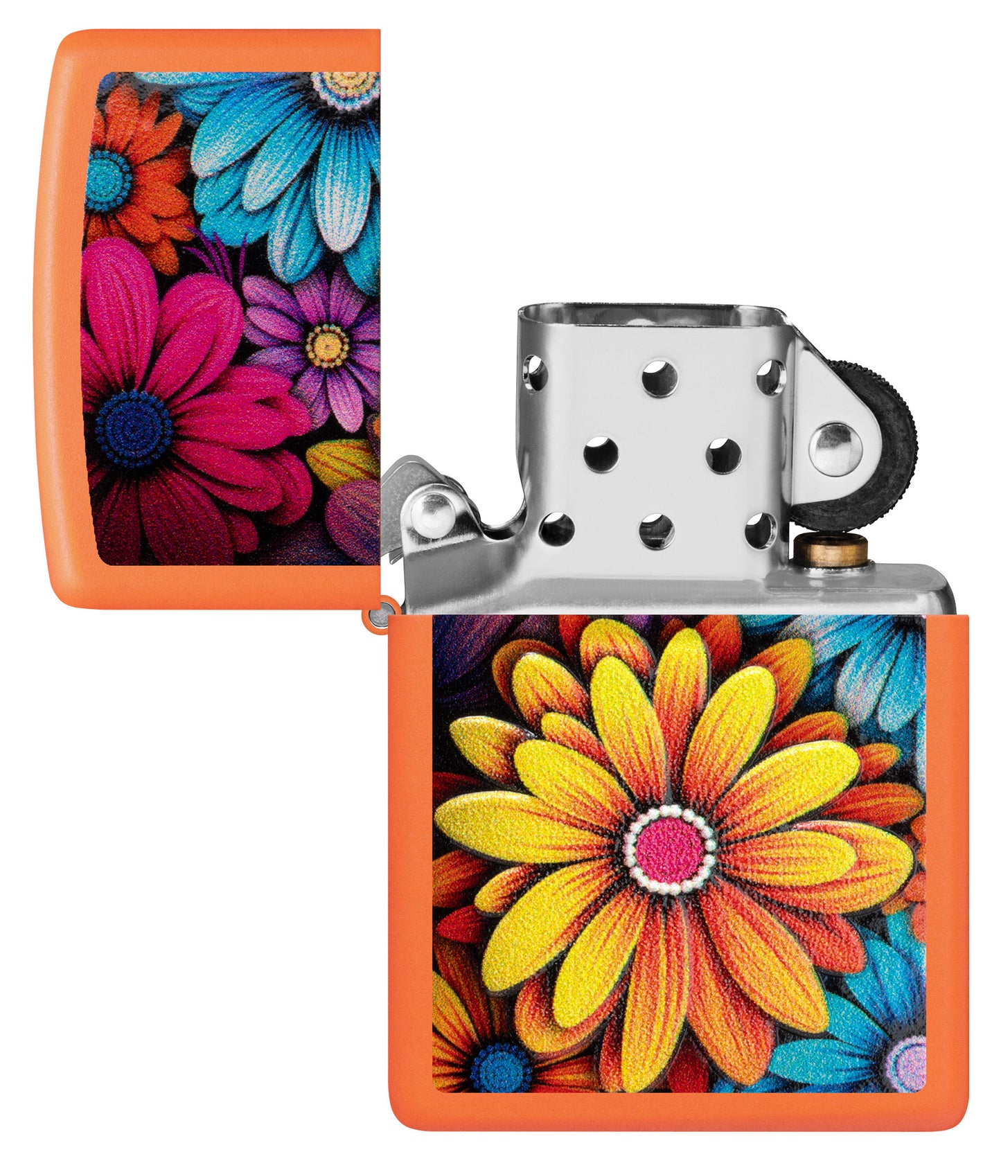 Zippo Flowers Design Orange Matte Windproof Lighter with its lid open and unlit.