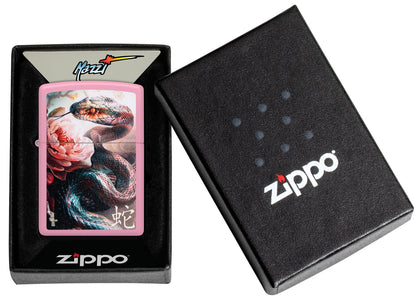 Zippo Mazzi® Snake and Flower Design Pink Matte Windproof Lighter in its packaging.