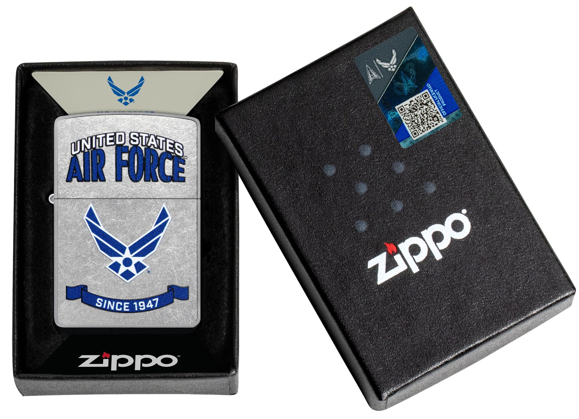 Zippo U.S. Air Force™ Banner Design Street Chrome Windproof Lighter in its packaging.