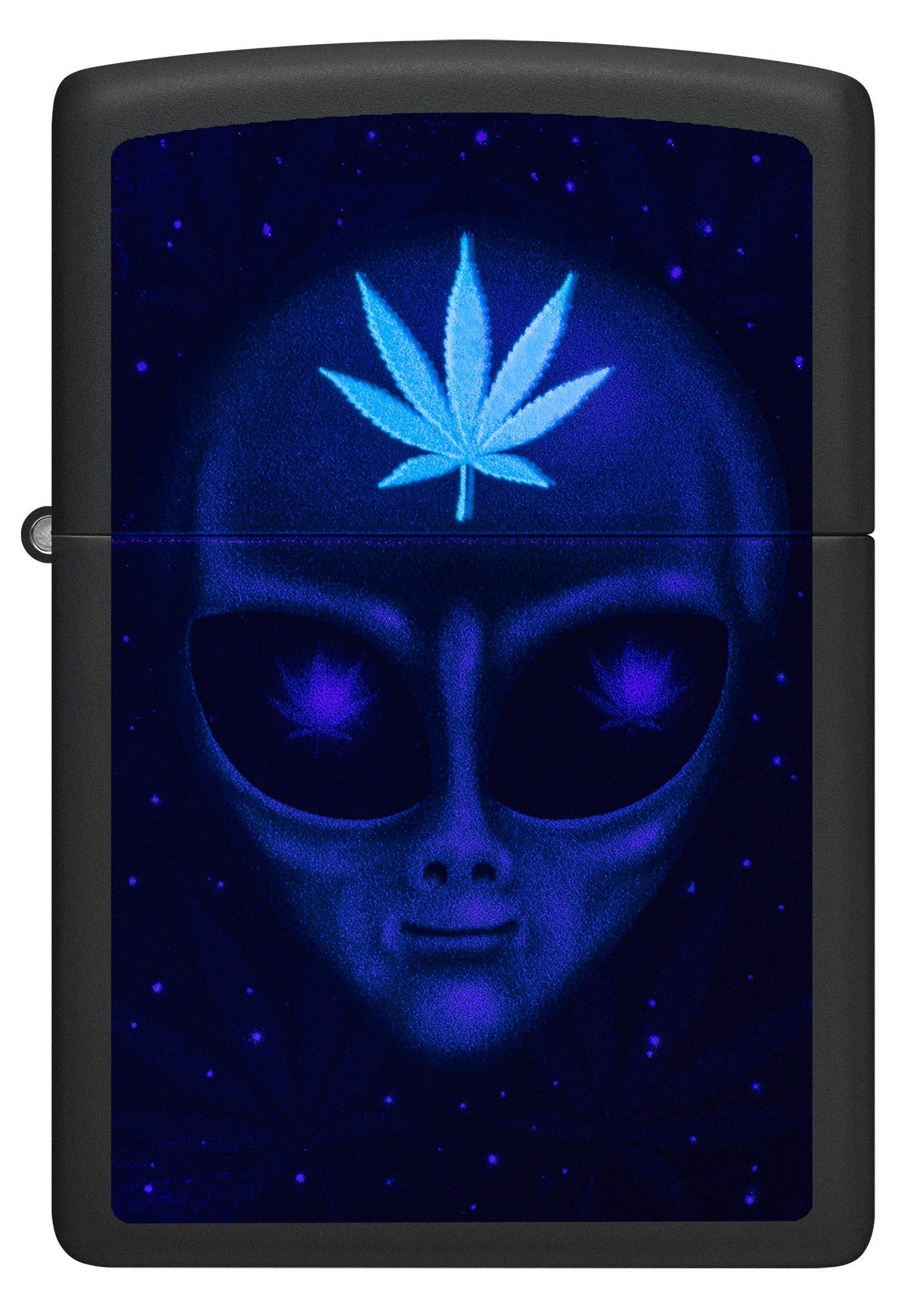 Front view of Zippo Alien Leaf Design Black Matte Windproof Lighter glowing under a black light.