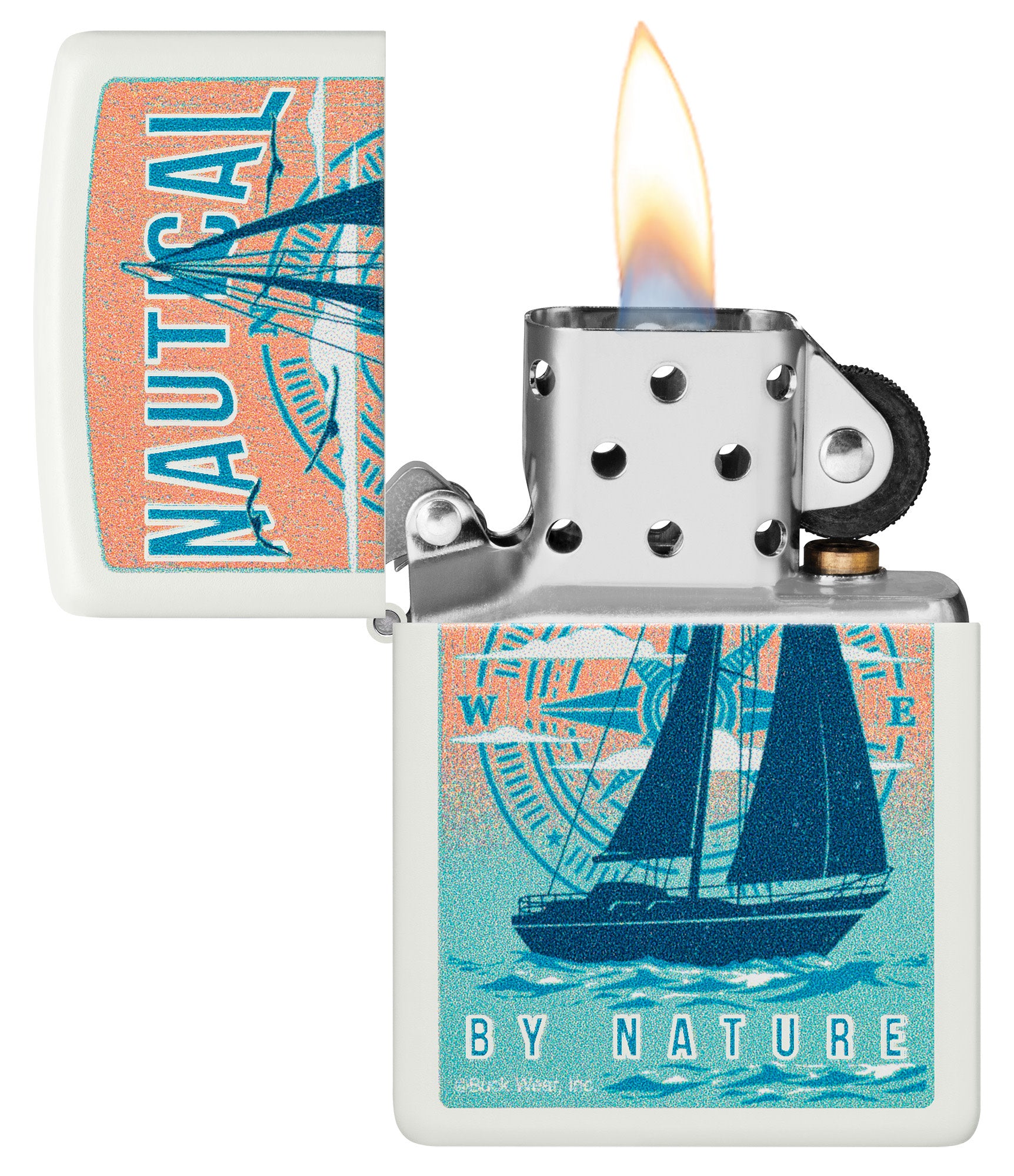 Zippo Buck Wear Nautical Design White Matte Windproof Lighter with its lid open and lit.