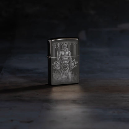 Lifestyle image of Zippo Greek Dogs Design High Polish Black Windproof Lighter standing on a dark marble surface.