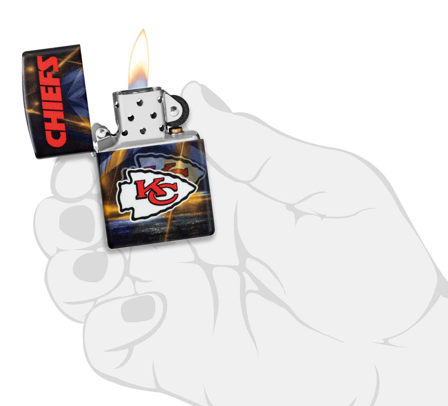 Zippo NFL Kansas City Chiefs 540 Matte Windproof Lighter lit in hand.