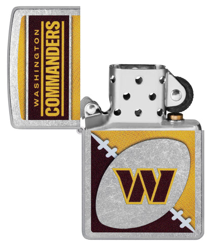 Zippo NFL Washington Commanders Street Chrome Windproof Lighter with its lid open and unlit.