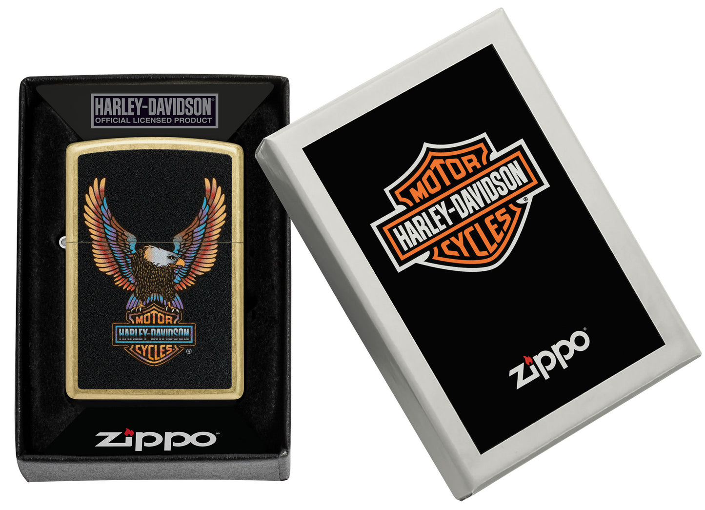 Zippo Harley-Davidson® Eagle Street Brass Windproof Lighter in its packaging.