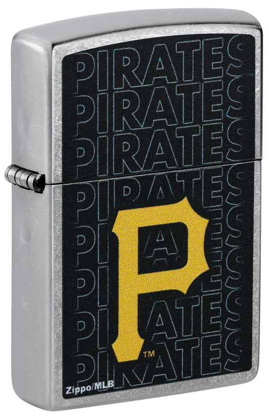 Front shot of Zippo MLB® Pittsburgh Pirates Street Chrome Windproof Lighter standing at a 3/4 angle.