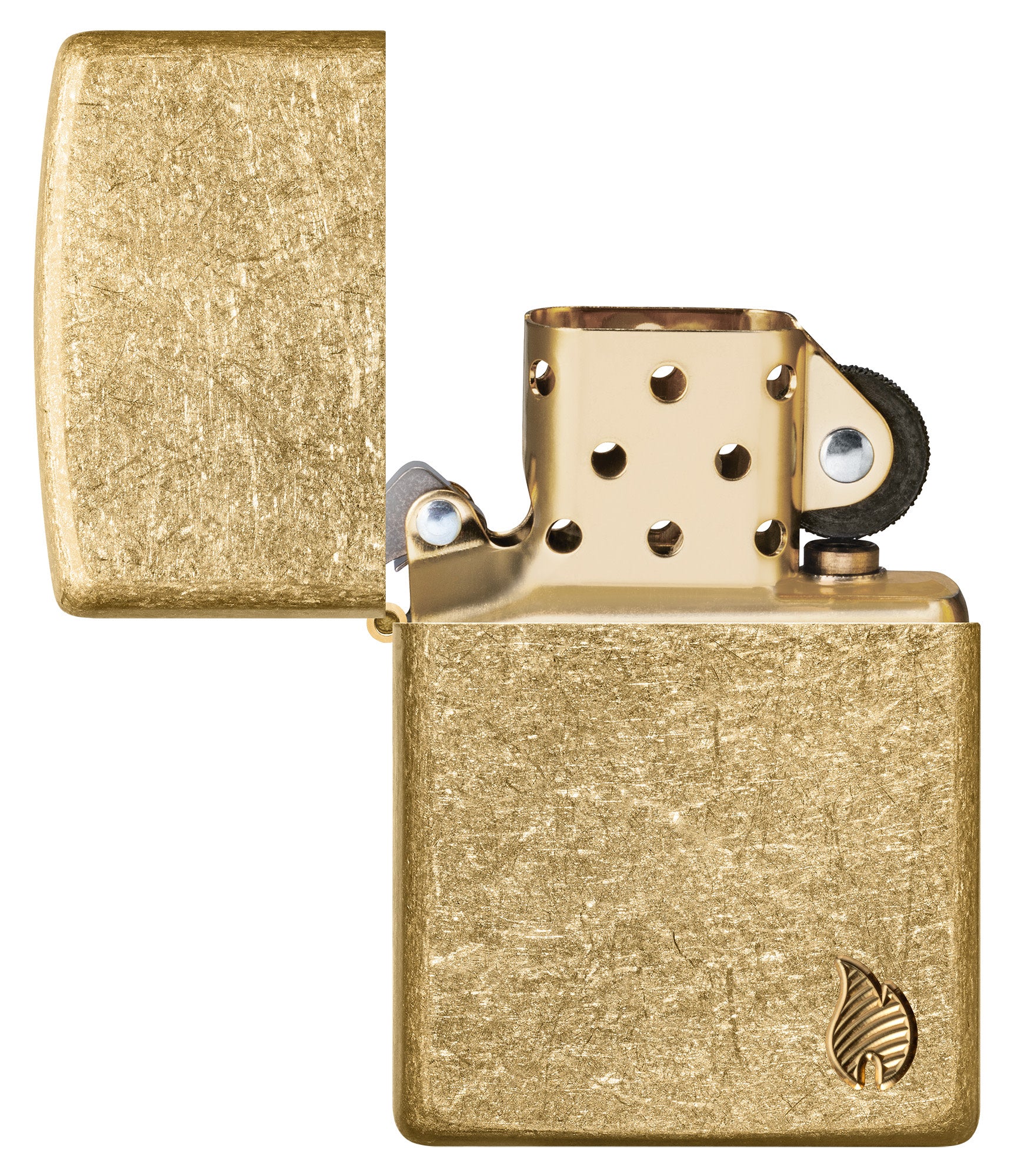 Zippo Armor® Series Flame Tumbled Brass Windproof Lighter with its lid open and unlit.