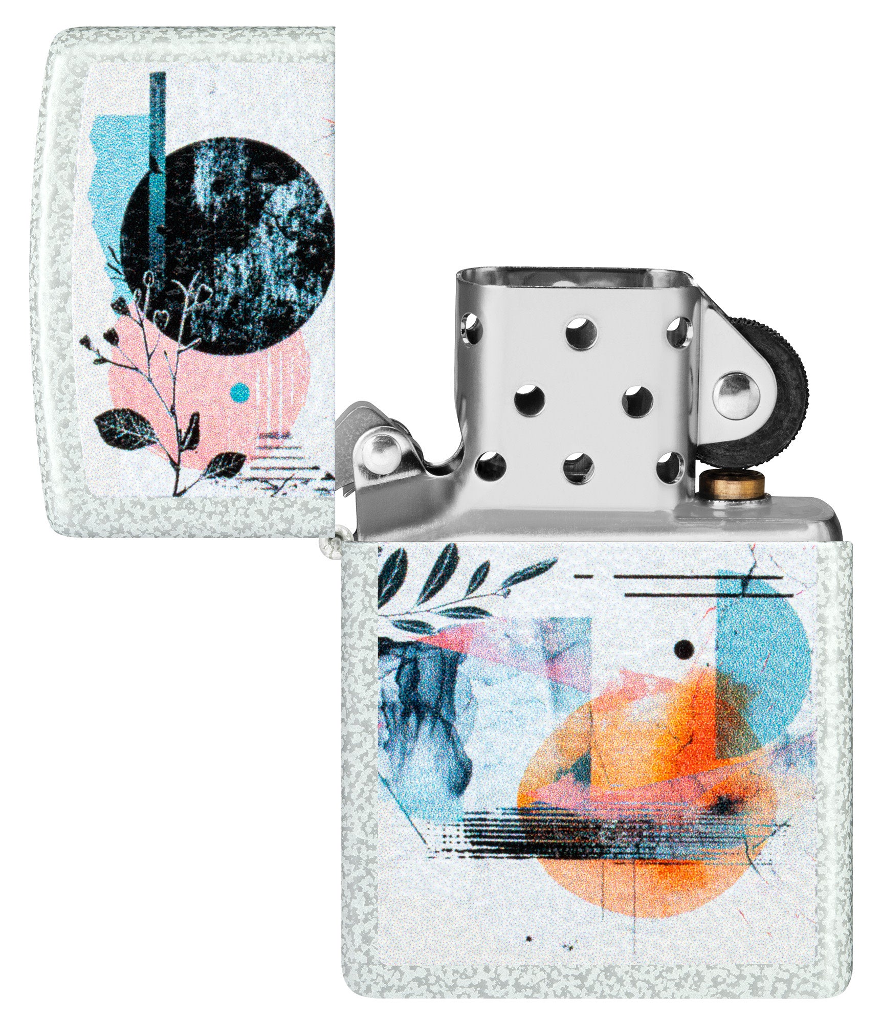 Zippo Abstract Collage Design Glacier Windproof Lighter with its lid open and unlit.