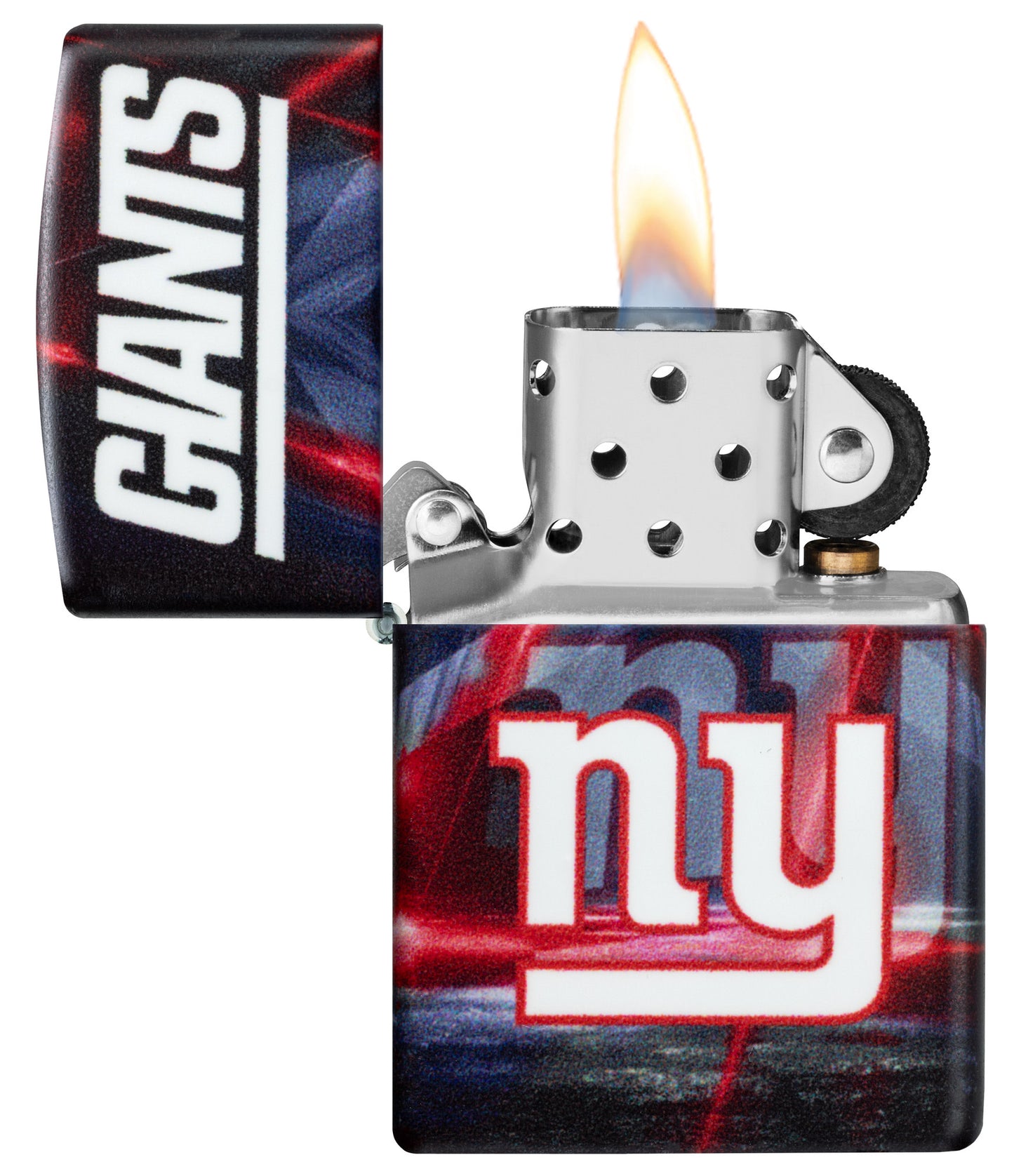 Zippo NFL New York Giants 540 Matte Windproof Lighter with its lid open and lit.