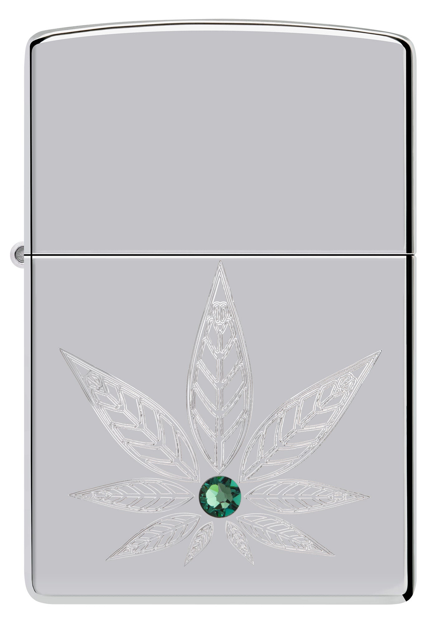 Front view of Zippo Cannabis Crystal Design High Polish Chrome Windproof Lighter