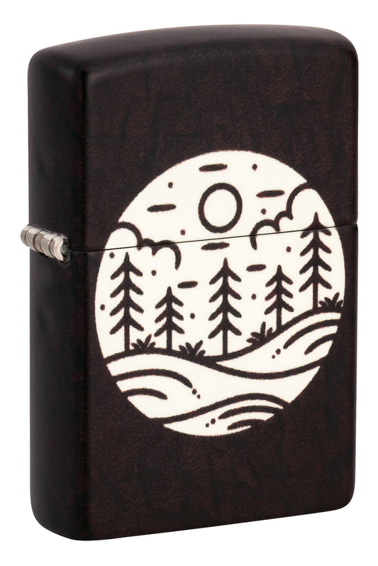 Front shot of Zippo Moonlit Field Design 540 Color Glow in the Dark Windproof Lighter standing at a 3/4 angle.