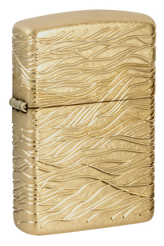 Front shot of Zippo Luxury Waves Design Armor Tumbled Brass Windproof Lighter standing at a 3/4 angle.