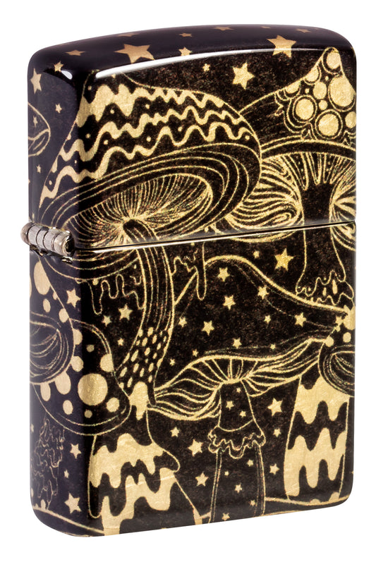 Front shot of Zippo Mushroom Drift Design 540 Tumbled Brass Windproof Lighter standing at a 3/4 angle.