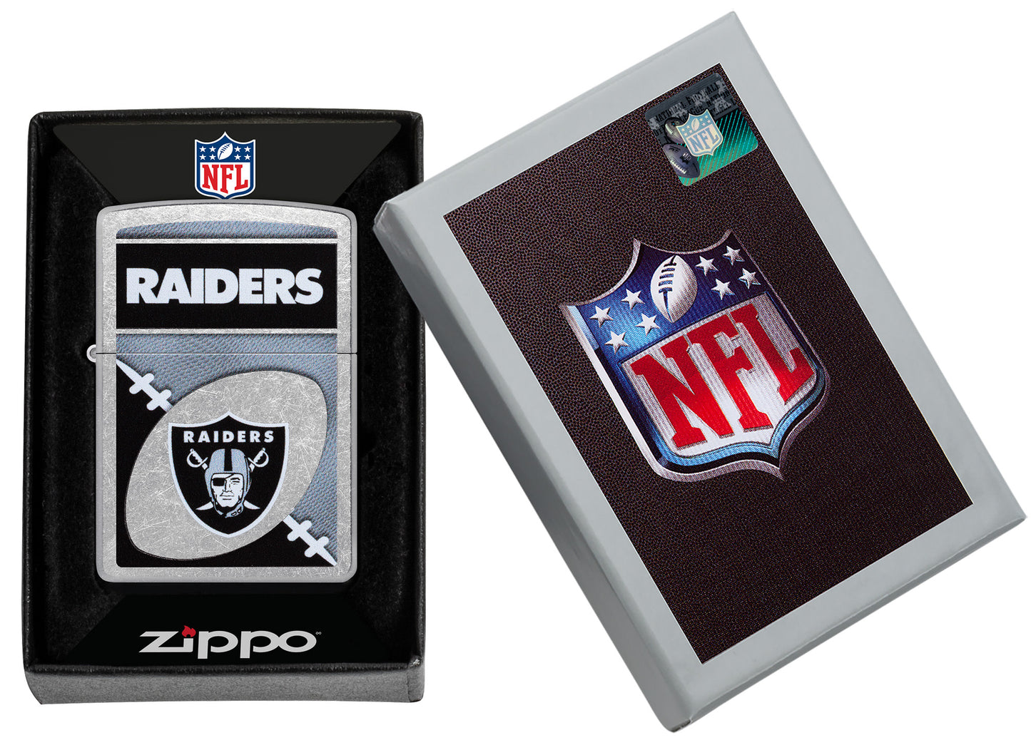 Zippo NFL Las Vegas Raiders Street Chrome Windproof Lighter in its packaging.