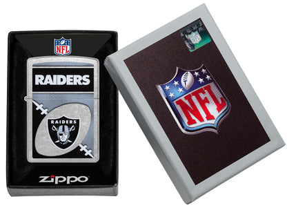 Zippo NFL Las Vegas Raiders Street Chrome Windproof Lighter in its packaging.