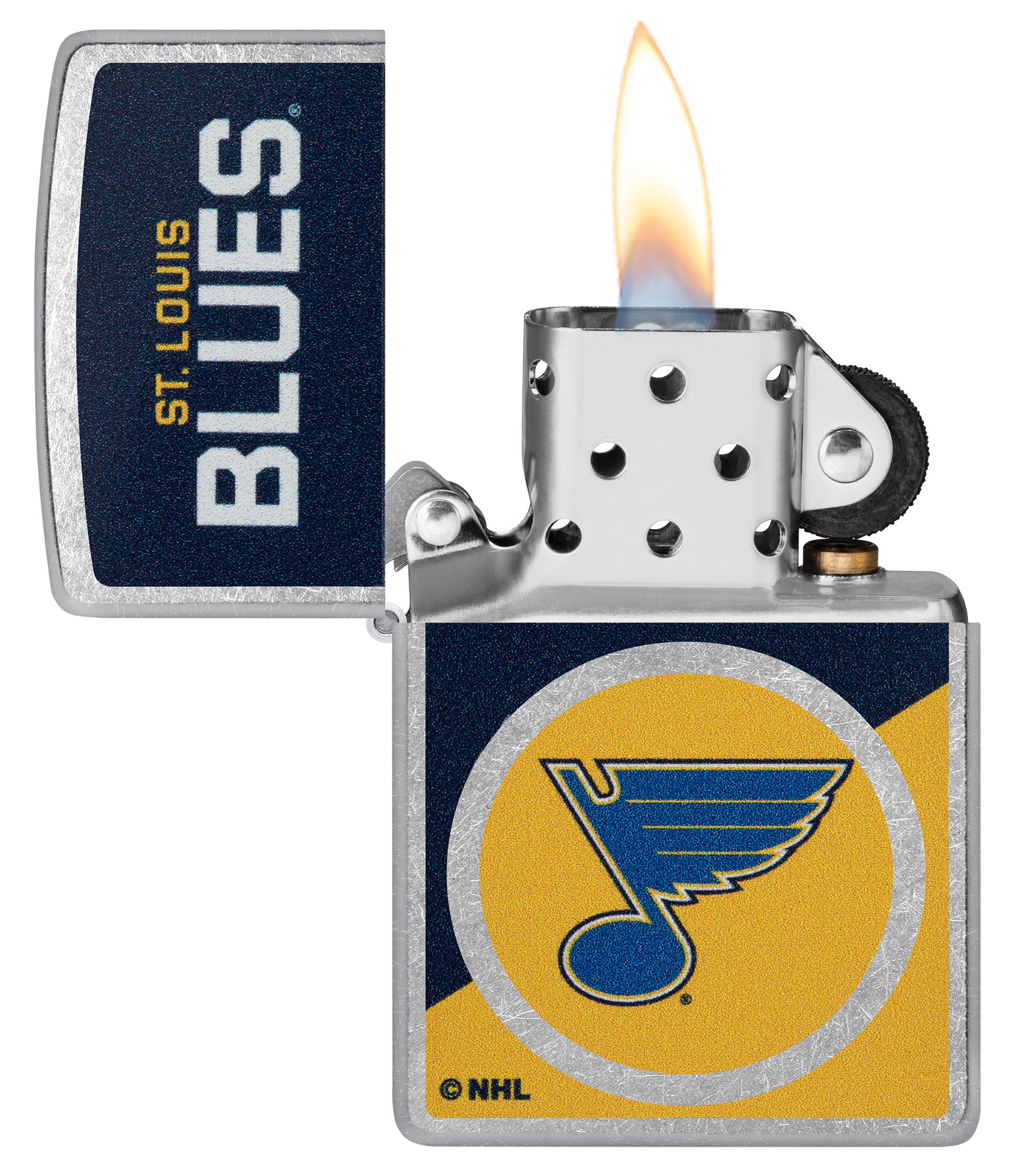 Zippo NHL® St. Louis Blues® 2024 Street Chrome™ Windproof Lighter with its lid open and unlit.