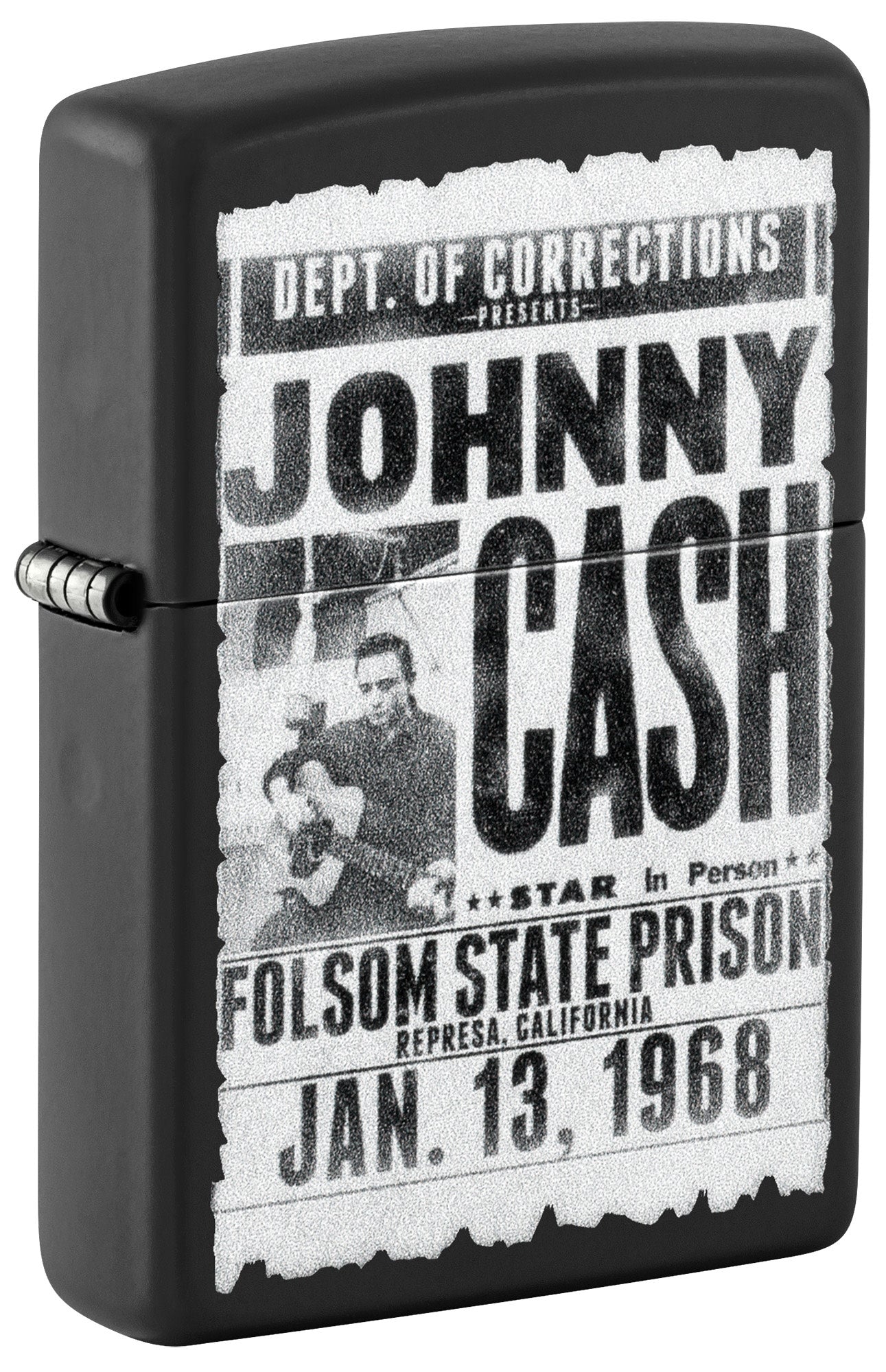 Front shot of Zippo Johnny Cash Folsom State Prison Poster Design Black Matte Windproof Lighter standing at a 3/4 angle.