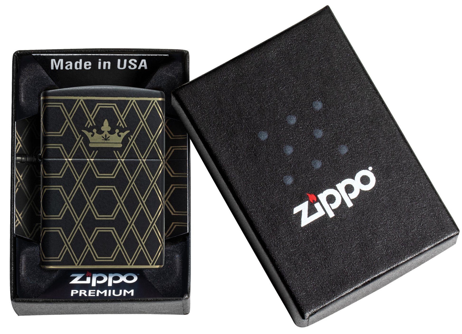 Zippo Queen Of Bud Geometric Design Black Matte Windproof Lighter in its packaging.