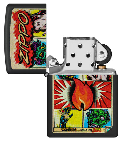 Zippo Comic Zombies Design Black Matte Windproof Lighter with its lid open and unlit.