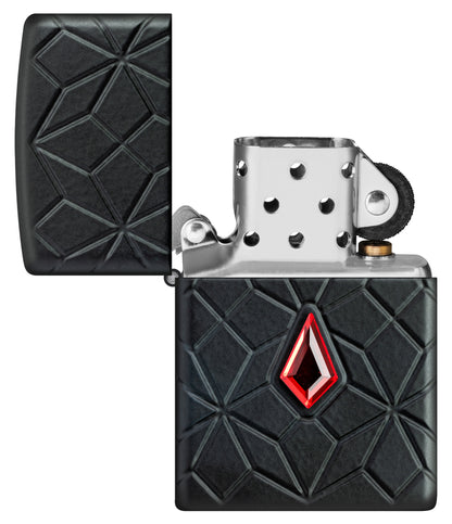 Zippo Crystal Design Armor® Black Matte Windproof Lighter with its lid open and unlit.