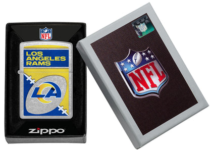 Zippo NFL Los Angeles Rams Street Chrome Windproof Lighter in its packaging.