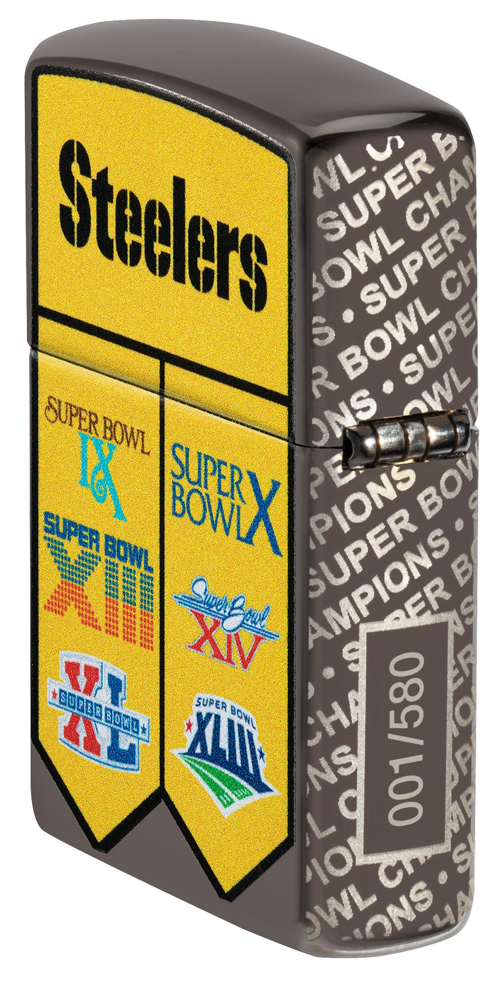 Angled shot of Zippo NFL Pittsburgh Steelers Super Bowl Commemorative Armor Black Ice Windproof Lighter showing the back and hinge side of the lighter.