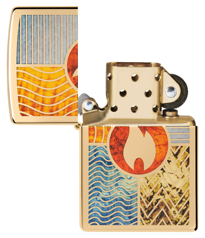 Zippo Elements of Earth Design High Polish Brass Windproof Lighter with its lid open and unlit.