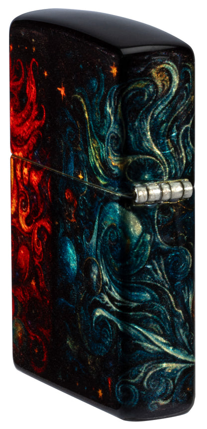 Angled shot of Zippo Sun and Moon Design 540 Tumbled Brass Windproof Lighter showing the back and hinge sides of the lighter.