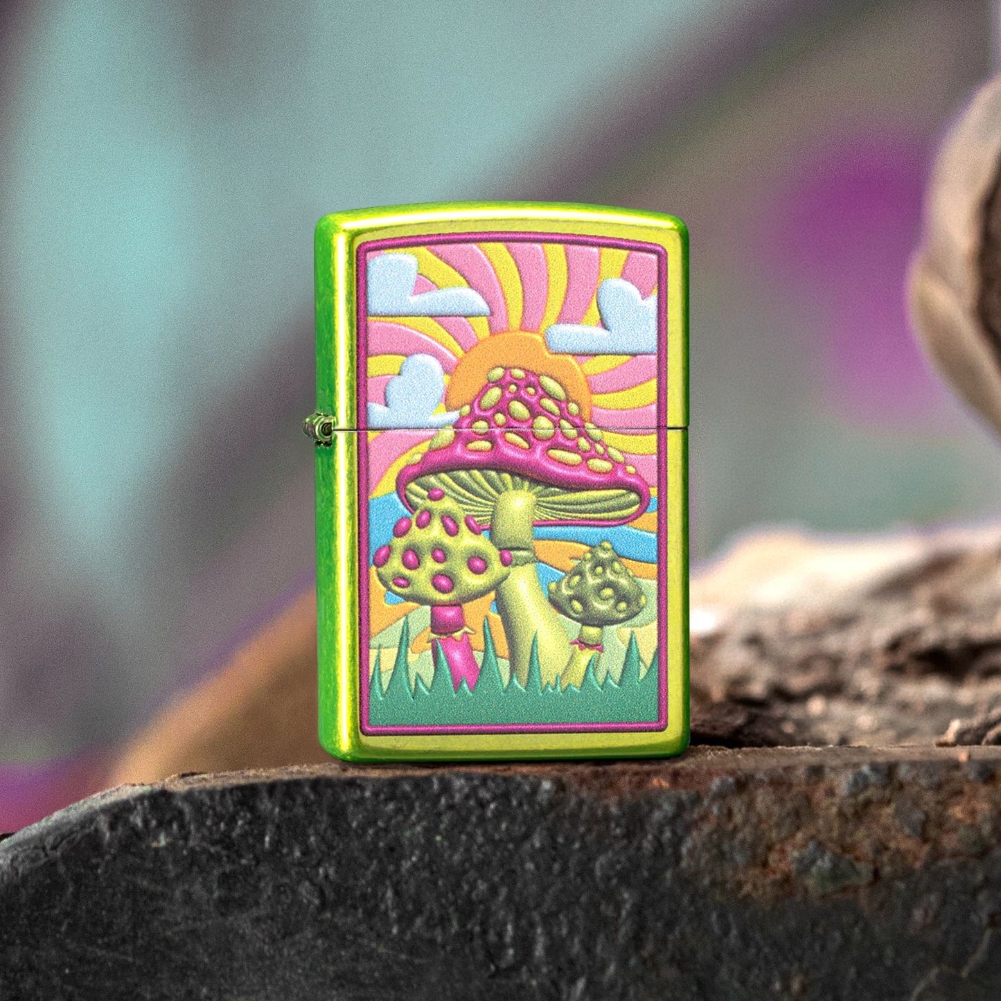 Lifestyle image of Zippo Spotted Mushrooms Design Lurid Windproof Lighter standing on a steel surface showing the front of the lighter. 


