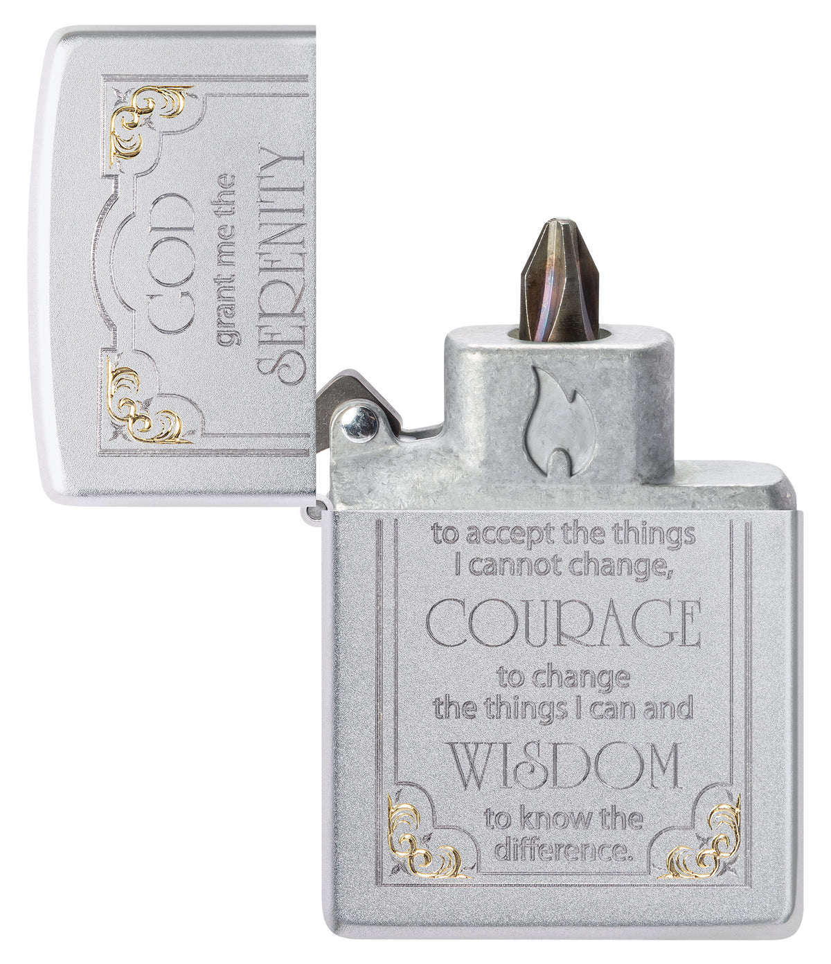 Serenity Prayer Design Windproof Lighter with its lid open and showing the Bit Safe Screwdriver USA. 