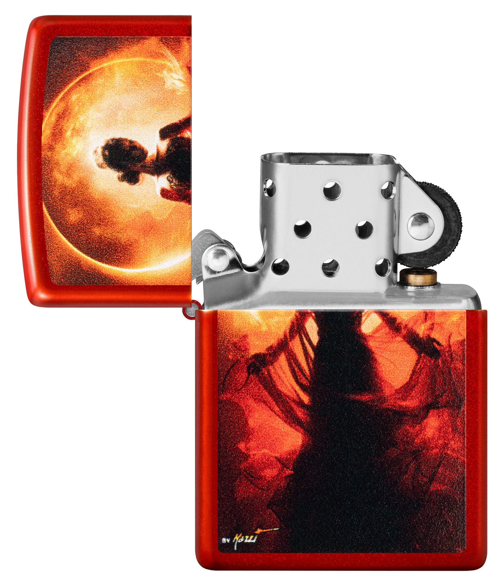 Zippo Mazzi® Woman Silhouette Metallic Red Windproof Lighter with its lid open and unlit.