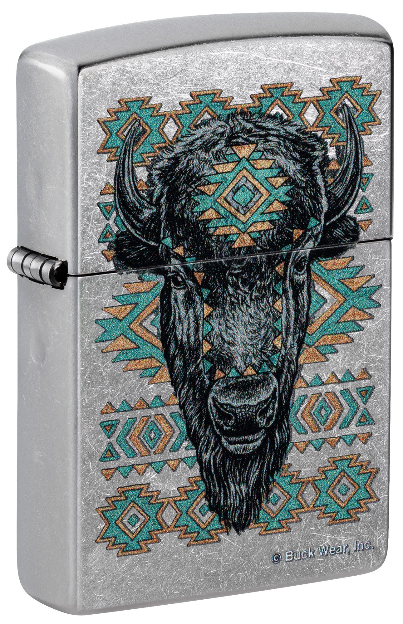 Front shot of Zippo Buck Wear™ Southwest Bison Design Street Chrome Windproof Lighter standing at a 3/4 angle.