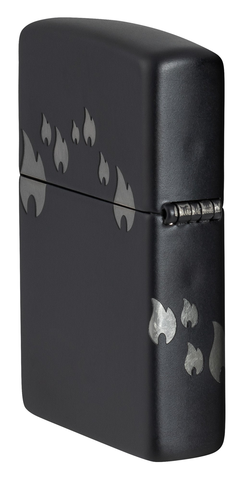 Angled shot of Zippo Design Black Matte with Chrome Windproof Lighter showing the back and hinge side of the lighter.